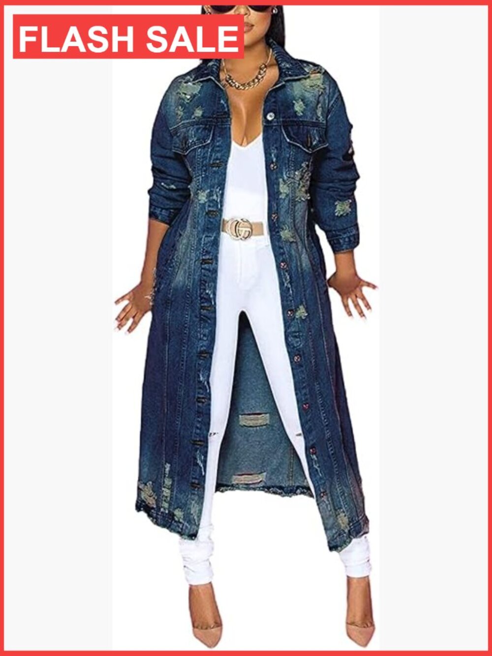 Ripped Denim Trench Coat Maxi Long Jacket